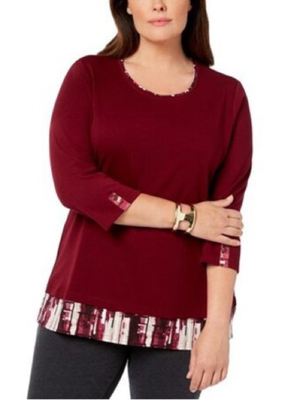 Karen Scott Layered-Look Plaid Trim Top Size 1X